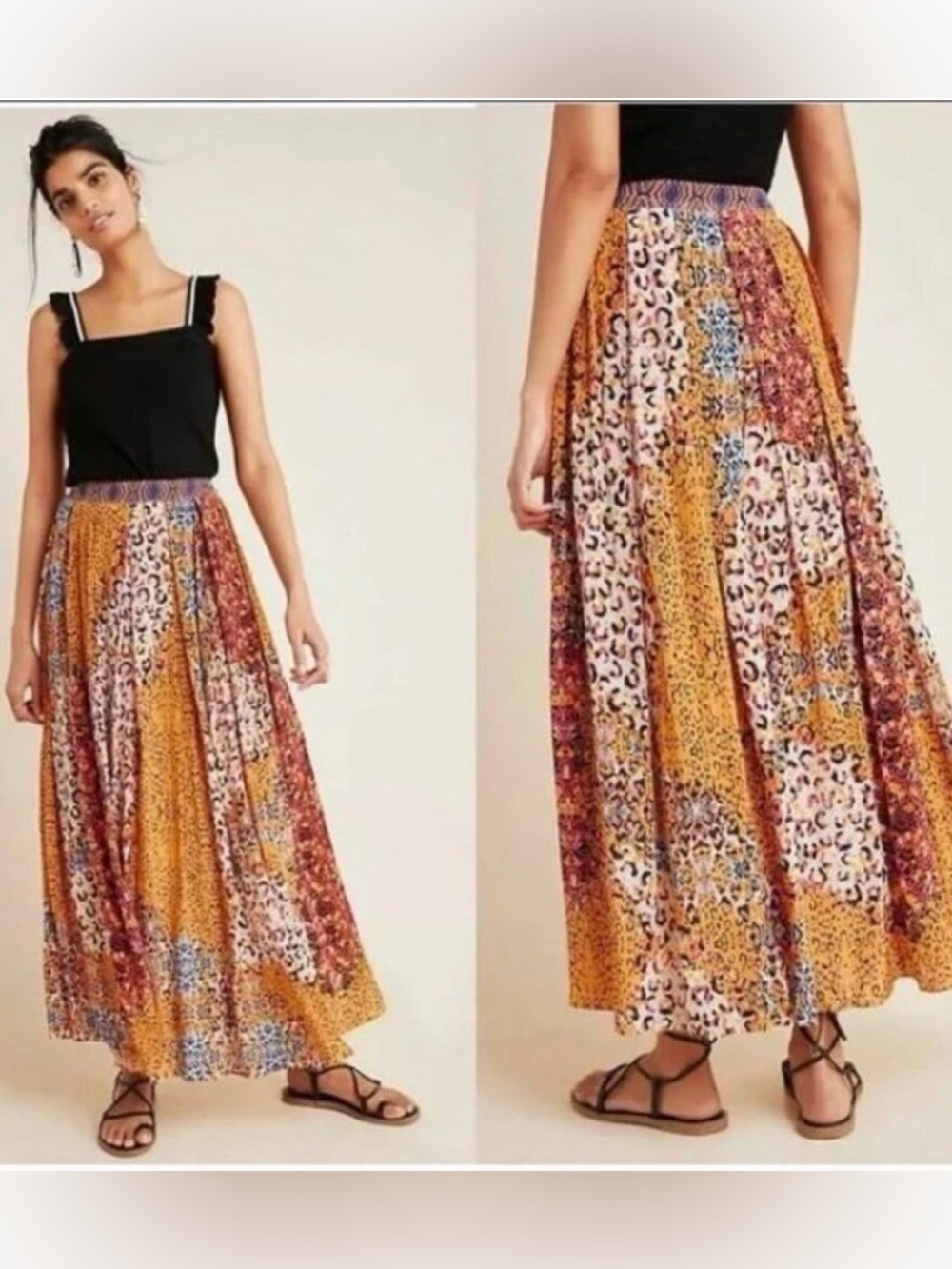 Anthropologie Bhanuni by Jyoti Animal Print Pleated Maxi Skirt  size 6 $158